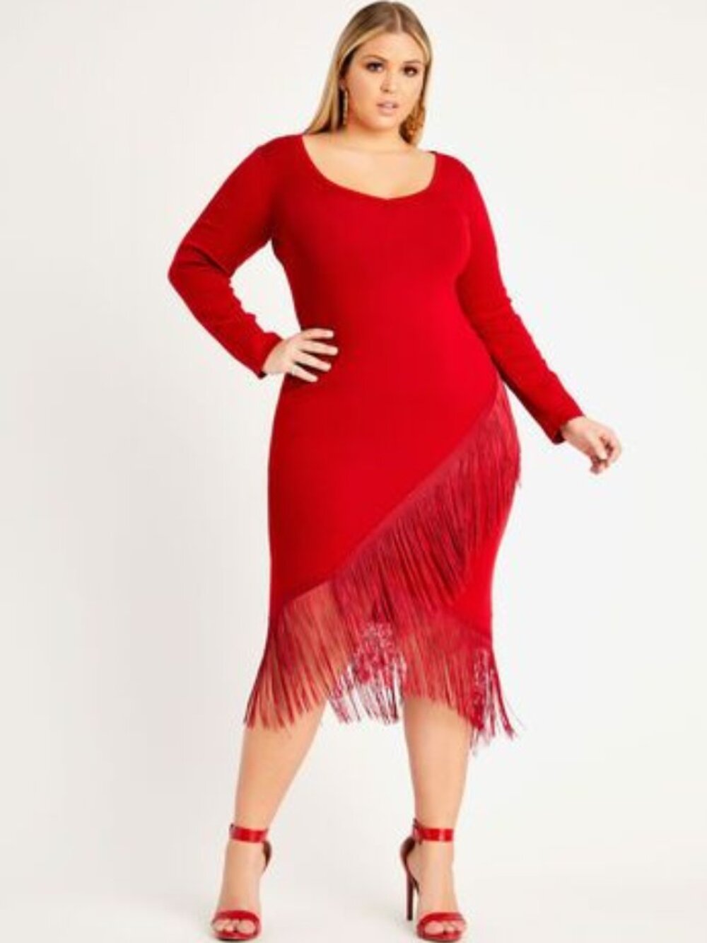 Ashley Stewart Red V-Neck Long Sleeve Midi Dress Fringe Trim 14/16 NWT